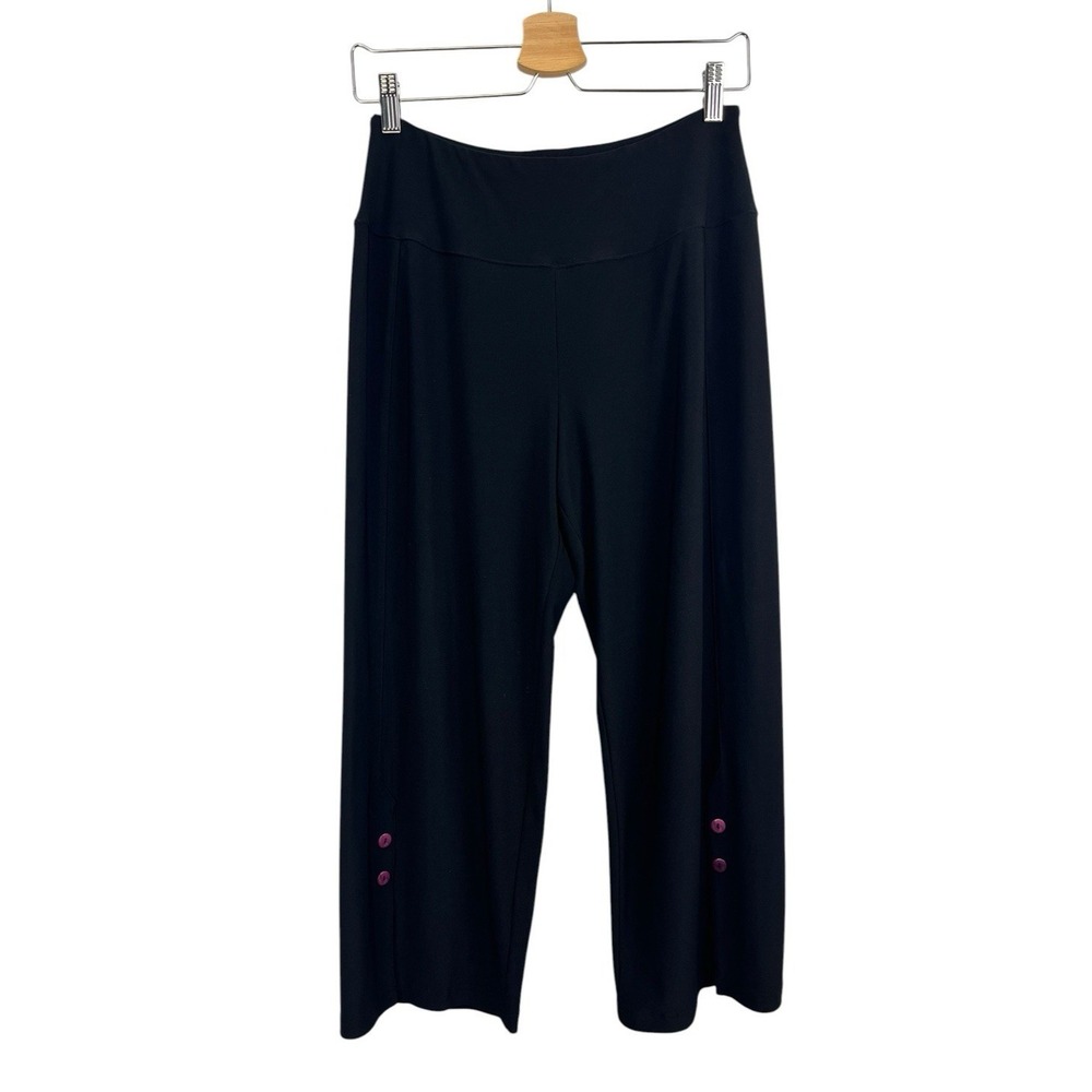 Sympli Wide Leg Crop Pants sz 10 Button Vent Slit Black Slinky‎ Lagenlook Boho